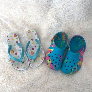 Blue w/ color splash pair of Crocs plus blue Flip flop Bundle - Girls size 12